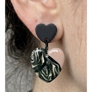 Handmade Polymer Clay Dangle Earrings Black & White Rose Heart on Pink SS Posts